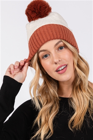 S30-1-1-MH0185 - TWO TONE FLEECED POM POM BEANIE-RUST/6PCS