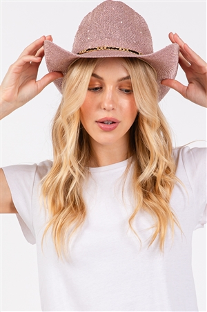 S30-1-1-MH0193 - SEQUIN COWBOY HAT WITH METAL CHAIN SUEDE STRING BAND-ROSE/6PCS