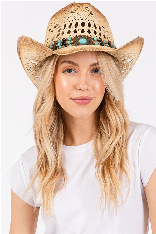 S30-1-1-MH0194 - TEA STAINED OPEN WEAVE COWBOY HAT WITH WESTERN WOOD BEAD BAND-BEIGE/6PCS