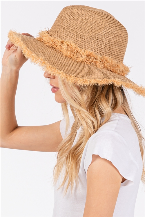 S30-1-1-MH0203 - FRAYED BAND AND TRIM STRAW SUN HAT-TAUPE/6PCS