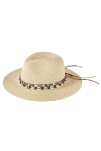 S30-1-1-MH0214 - STRAW SUN HAT WITH SELL AND MULTI COLORED BAND-BEIGE/6PCS