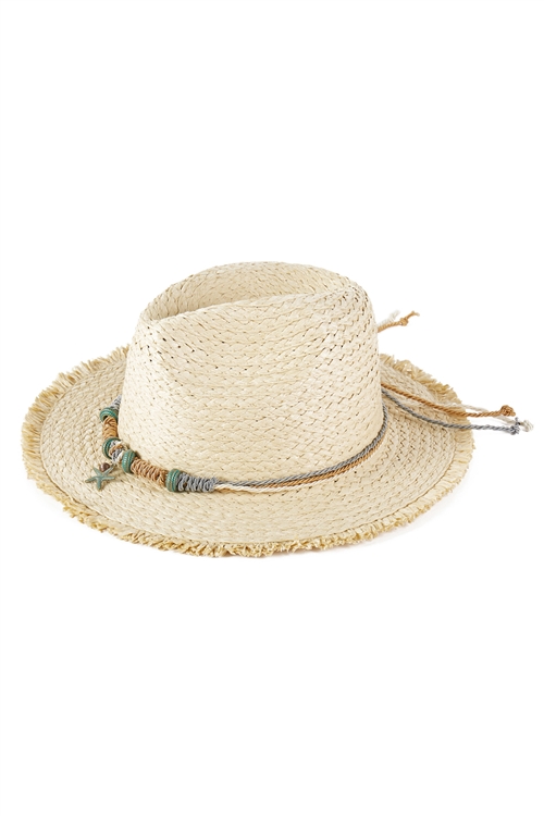 S30-1-1-MH0216 - FRAYED STRAW SUN HAT WITH BRAIDED STARFISH BAND-BEIGE/6PCS