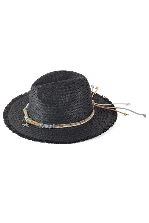 S30-1-1-MH0216 - FRAYED STRAW SUN HAT WITH BRAIDED STARFISH BAND-BLACK/6PCS