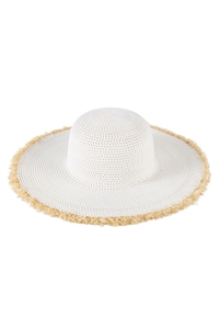 S30-1-1-MH0221 - FRAYED EDGE FLOPPY STRAW HAT-WHITE/6PCS