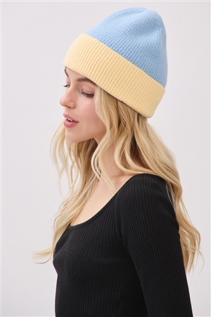 S30-1-1-MI-MH0251BL-TWO TONE SOFT FUZZY BEANIE- BLUE/6PCS