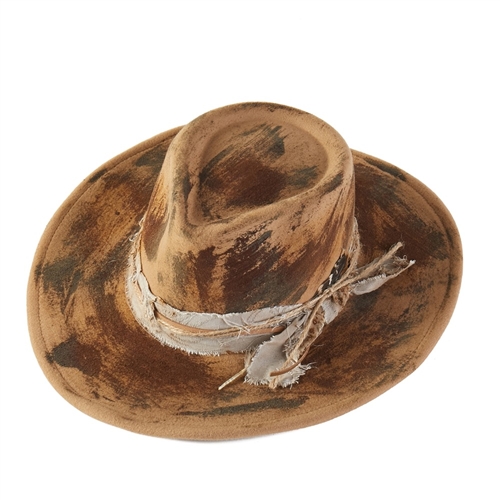 S30-1-1-MI-MH0263TP-VINTAGE VERSATILE SHAPEABLE COWGIRL & FEDORA HAT WITH FEATHER & DISTRESSED FABRIC BAND-TAUPE/6PCS