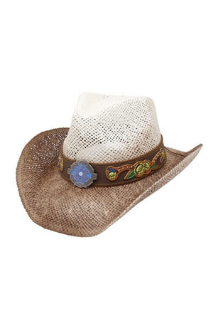 S30-1-1-MH0312IV - BOHO TWO-TONE COWBOY STRAW HAT WITH RHINESTONES STUDDED FLORAL BAND & CONCHO-IVORY/6PCS
