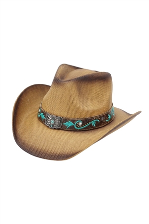 S30-1-1-MH0313TP - DISTRESSED STRAW HAT WITH TURQUOISE BLOOM & BUTTERFLY CONCHO BAND-TAUPE/6PCS