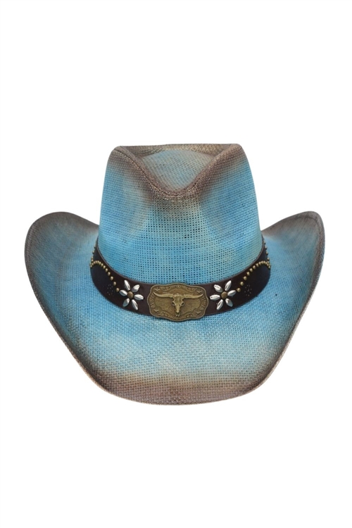S30-1-1-MH0332DB - DISTRESSED STRAW COWBOY HAT WITH METAL BULL BUCKLE-DUSTY BLUE/6PCS