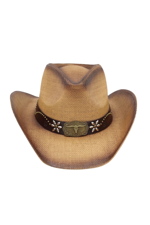 S30-1-1-MH0332TP - DISTRESSED STRAW COWBOY HAT WITH METAL BULL BUCKLE-TAUPE/6PCS