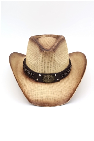 S30-1-1-MH0343BE - RUSTIC COWBOY HAT WITH CHAIN AND CONCHO DETAIL FAUX LEATHER BAND-BEIGE/6PCS