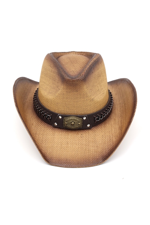 S30-1-1-MH0343TP - RUSTIC COWBOY HAT WITH CHAIN AND CONCHO DETAIL FAUX LEATHER BAND-TAUPE/6PCS
