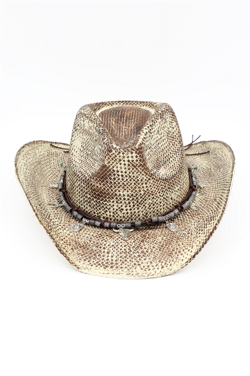 S30-1-1-MH0344TP - HANDMADE VINTAGE COWBOY HAT WITH WESTERN BULL HEAD, HAT, HORSEHOE, BOOT, CATCUS CHARMS-TAUPE/6PCS