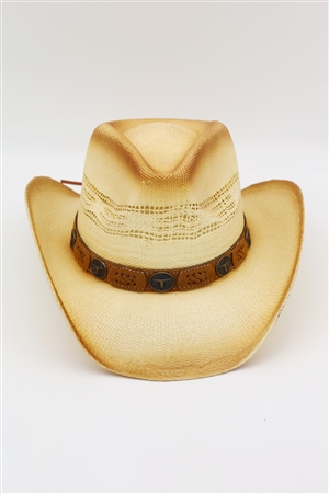 S30-1-1-MH0345BE - AGED LOOK, STRAW COWBOY HAT WITH SUEDE STITCHED DETAILS AND STEER HEAD CONCHOS-BEIGE/6PCS