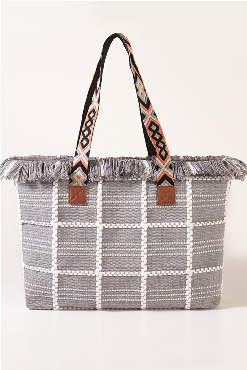 S17-1-4-MI-MB0176-GY-1 - CHECKED PATTERN TOP FRINGE PATTERN STRAP BAG-GRAY/1PC