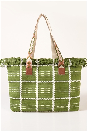 S30-1-1-MI-MB0176-OV - CHECKED PATTERN TOP FRINGE PATTERN STRAP BAG-OLIVE/6PCS