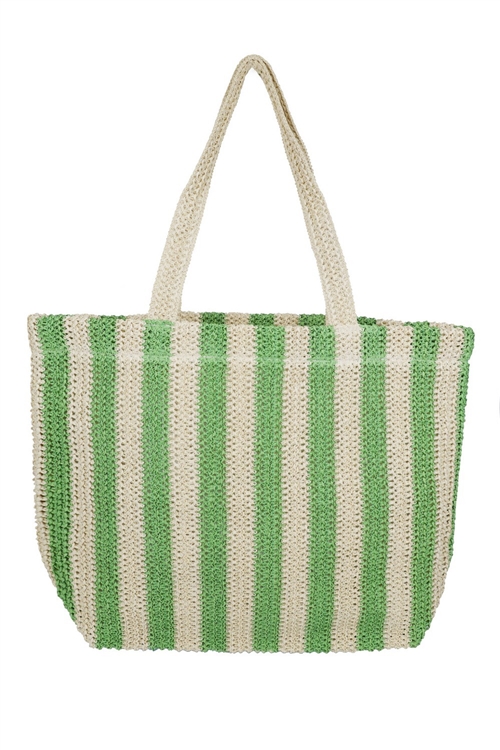 S30-1-1-MB0206-GN - STRIPED COLOR STRAW CROCHET TOTE BAG-GREEN/6PCS