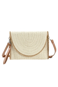 S30-1-1-MB0212-BE - FRAYED TRIM TWO TONE STRAW CLUTCH & CROSSBODY-BEIGE/6PCS