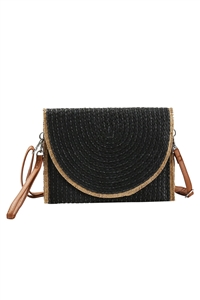 S30-1-1-MB0212-BK - FRAYED TRIM TWO TONE STRAW CLUTCH & CROSSBODY-BLACK/6PCS