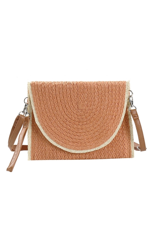 S30-1-1-MB0212-RU - FRAYED TRIM TWO TONE STRAW CLUTCH & CROSSBODY-RUST/6PCS
