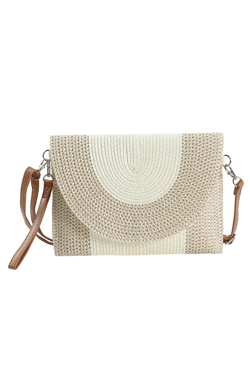 S30-1-1-MB0213-BE - SOLID AND MIXED COLOR TWO TONE STRAW CLUTCH & CROSSBODY-BEIGE/6PCS