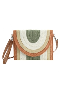 S30-1-1-MB0217-OV - MULTI COLORED STRAIPED STRAW CLUTCH & CROSSBODY BAG-OLIVE/6PCS