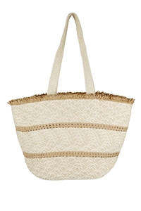S30-1-1-MB0219-BE - STRIPE DETAIL FRAYED STRAW BAG WITH ZIPPER CLOSURE, INNER POCKET-BEIGE/6PCS
