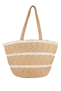 S30-1-1-MB0219-TP - STRIPE DETAIL FRAYED STRAW BAG WITH ZIPPER CLOSURE, INNER POCKET-TAUPE/6PCS
