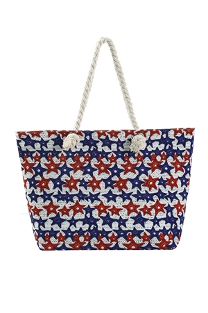 S30-1-1-MB0230 - STAR PRINT BEACH TOTE BAG WITH ZIPPER CLOSURE & INNER POCKET/6PCS