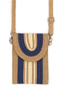 S30-1-1-MB0240-NV - STRIPED PATTERN STRAW CELLPHONE CROSSBODY BAG WITH MAGNETIC BUTTON CLOSURE-NAVY/6PCS