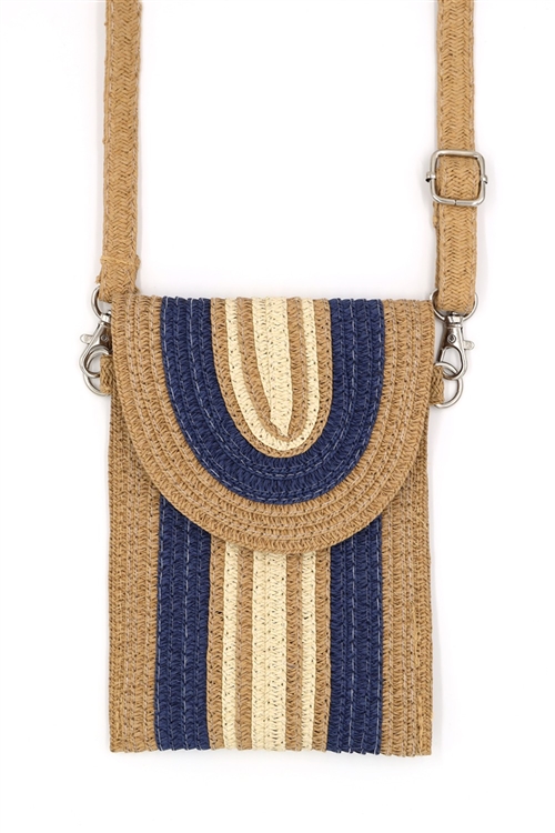 S30-1-1-MB0240-NV - STRIPED PATTERN STRAW CELLPHONE CROSSBODY BAG WITH MAGNETIC BUTTON CLOSURE-NAVY/6PCS