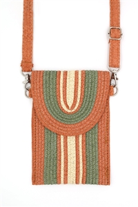 S30-1-1-MB0240-OV - STRIPED PATTERN STRAW CELLPHONE CROSSBODY BAG WITH MAGNETIC BUTTON CLOSURE-OLIVE/6PCS