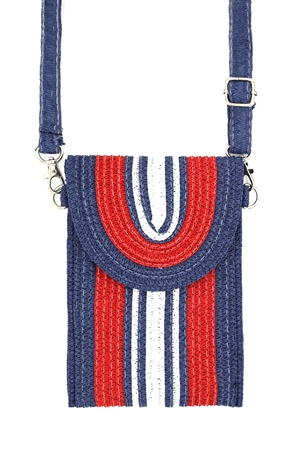 S30-1-1-MB0240-RD - STRIPED PATTERN STRAW CELLPHONE CROSSBODY BAG WITH MAGNETIC BUTTON CLOSURE-RED/6PCS