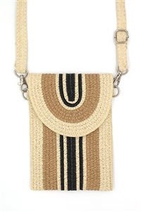 S30-1-1-MB0240-TP - STRIPED PATTERN STRAW CELLPHONE CROSSBODY BAG WITH MAGNETIC BUTTON CLOSURE-TAUPE/6PCS