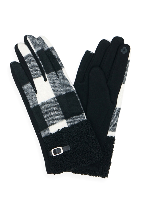 S19-10-4-MG0036BK - BUFFALO PLAID SMART TOUCH SHERPA CUFF GLOVES-BLACK/6PCS