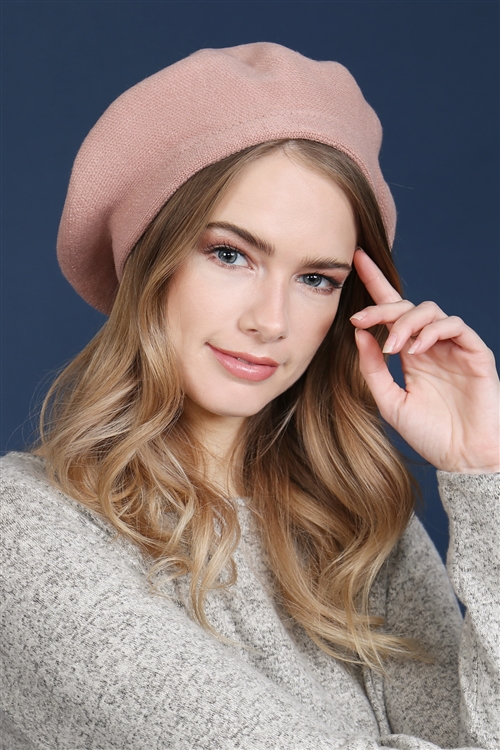 S30-1-1-MH0011BH - STRETCHY SOLID BERET ACRYLIC BLUSH/6PCS