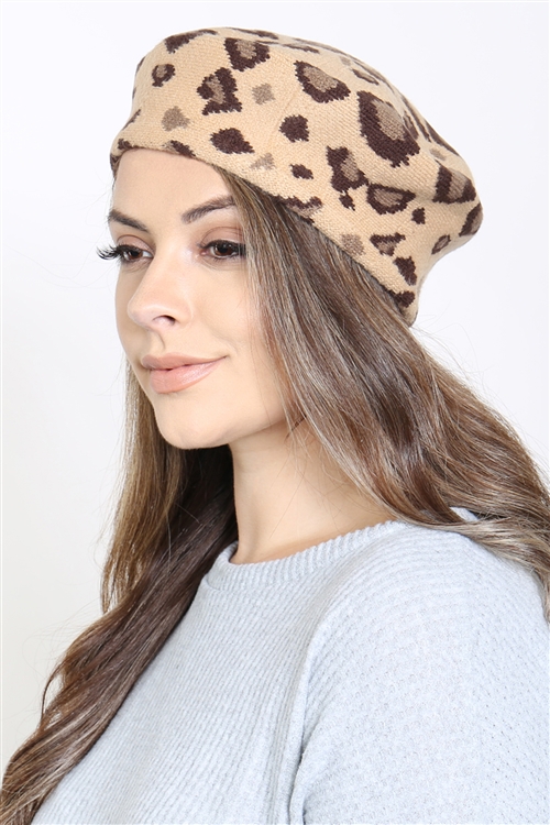 S30-1-1-MH0028TP - LEOPARD STRETCHY BERET ACRYLIC - TAUPE/6PCS