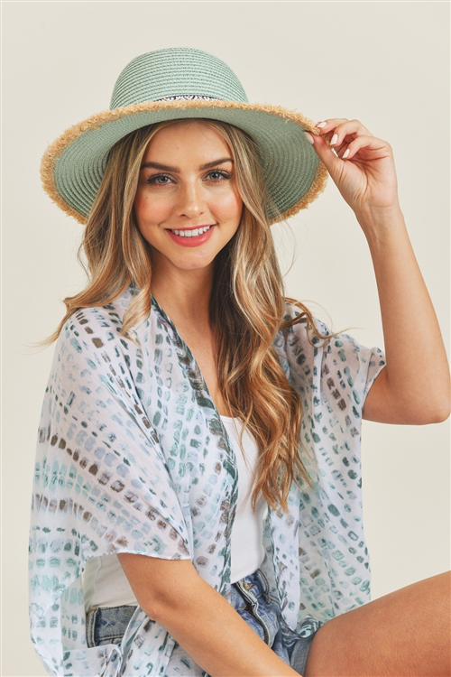 discontinued--S19-12-1-MH0039TQ - FRAYED TRIM AZTEC STRAW HAT-TURQUOISE/6PCS