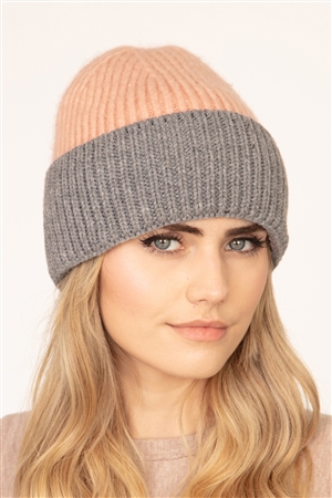 S29-1-3-MI-MH0043PK-GR-1 - WOOL BLENDED TWO TONE SOLID BEANIE PINK GRAY /1PC