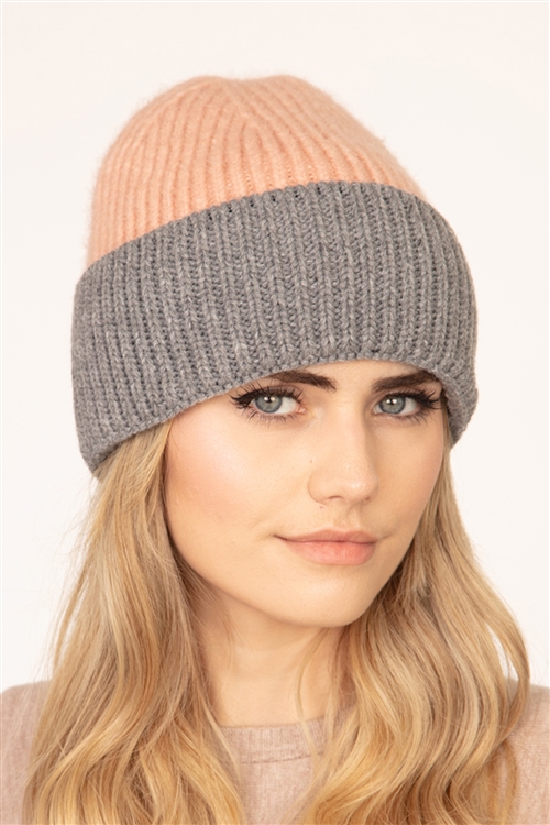 S29-1-3-MI-MH0043PK-GR - WOOL BLENDED TWO TONE SOLID BEANIE PINK GRAY /6PCS