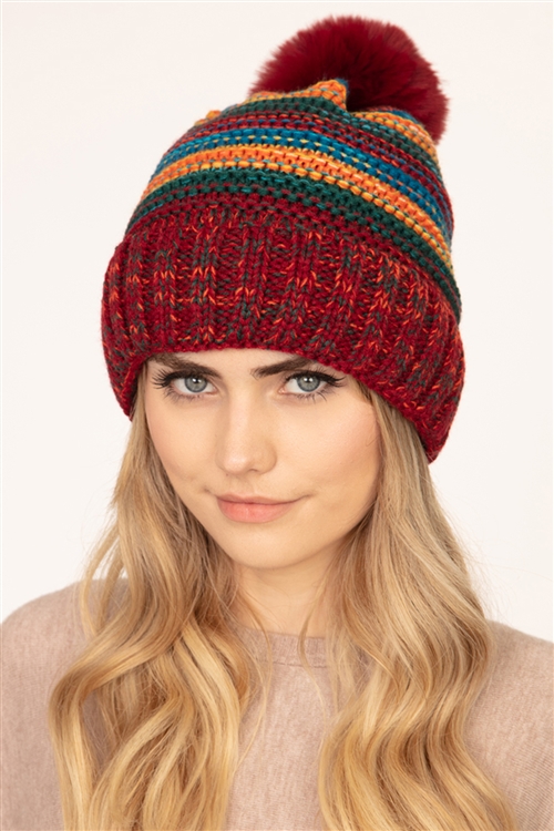 S30-1-1-MH0044RD - MULTICOLOR STRIPE FLEECE POMPOM BEANIE RED /6PCS(NOW $5.25 ONLY!)