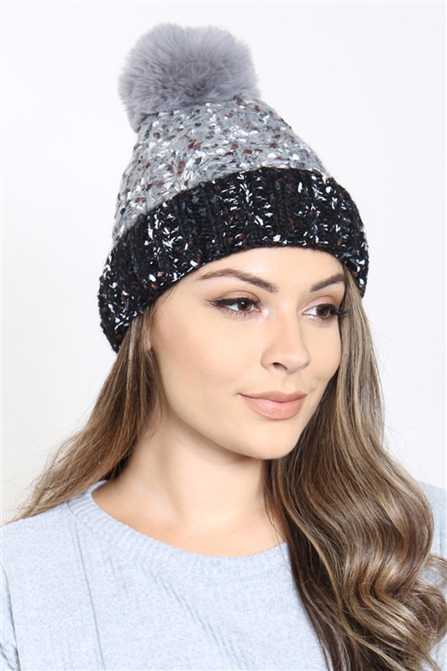 S23-6-5-MH0045GR-BK - TWO TONE CONFETTI FLEECE POMPOM BEANIE GRAY BLACK /6PCS(NOW $5.25 ONLY!)