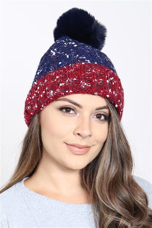 S23-6-5-MH0045NV-RD - TWO TONE CONFETTI FLEECE POMPOM BEANIE NAVY RED /6PCS(NOW $5.25 ONLY!)