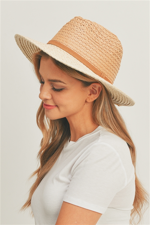 S30-1-1-MI-MH0102-BE - TWO TONE SUN HAT WITH SUEDE DOUBLE BAND-BEIGE/6PCS