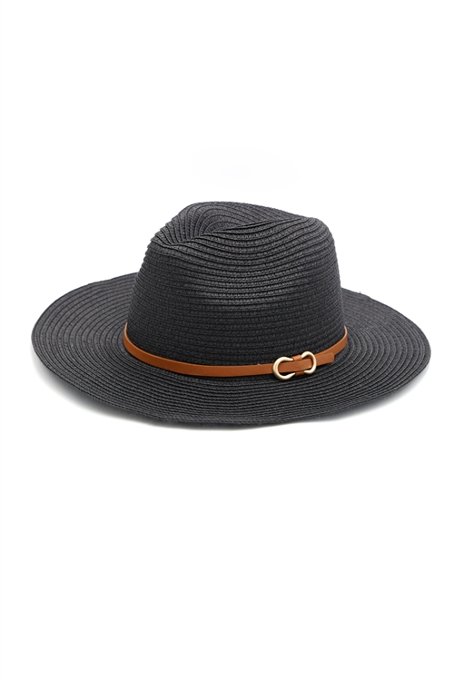 S30-1-1-MI-MH0114-BK - PU LEATHER BAND PANAMA HAT-BLACK/6PCS