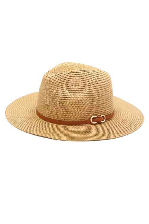 S30-1-1-MI-MH0114-TP - PU LEATHER BAND PANAMA HAT-TAUPE/6PCS