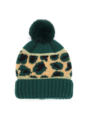 S30-1-1-MH0136-GN - LEOPARD POMPOM BEANIE-GREEN/6PCS