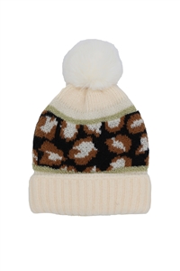 S30-1-1-MH0136-IV - LEOPARD POMPOM BEANIE-IVORY/6PCS