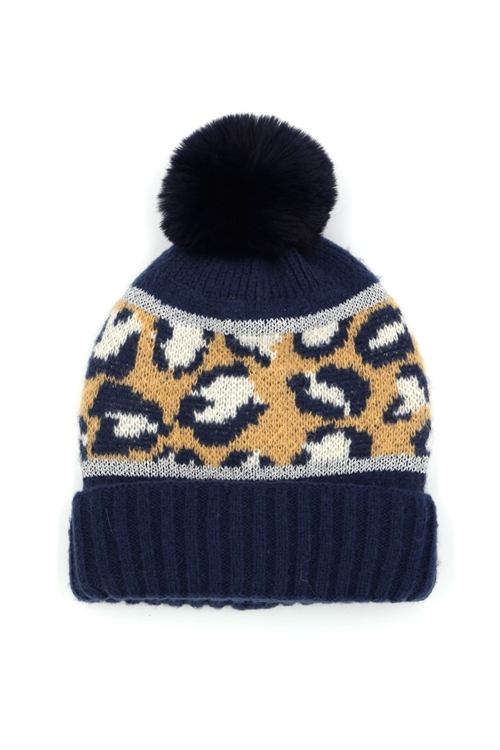 S30-1-1-MH0136-NV - LEOPARD POMPOM BEANIE-NAVY/6PCS