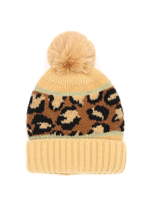 S30-1-1-MH0136-TP - LEOPARD POMPOM BEANIE-TAUPE/6PCS